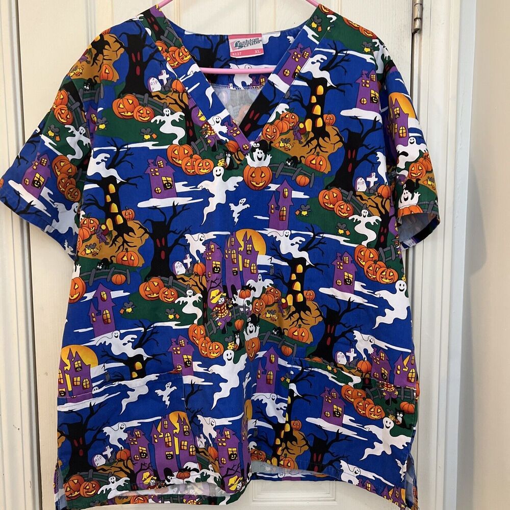 Halloween Scrub Top Ghosts Pumpkins Haunted House Castle Graveyard Creepy Trees